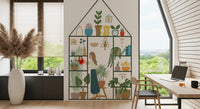 Indoor garden mural showing monstera leaves, palms, succulents, and hanging vines on tall shelves.