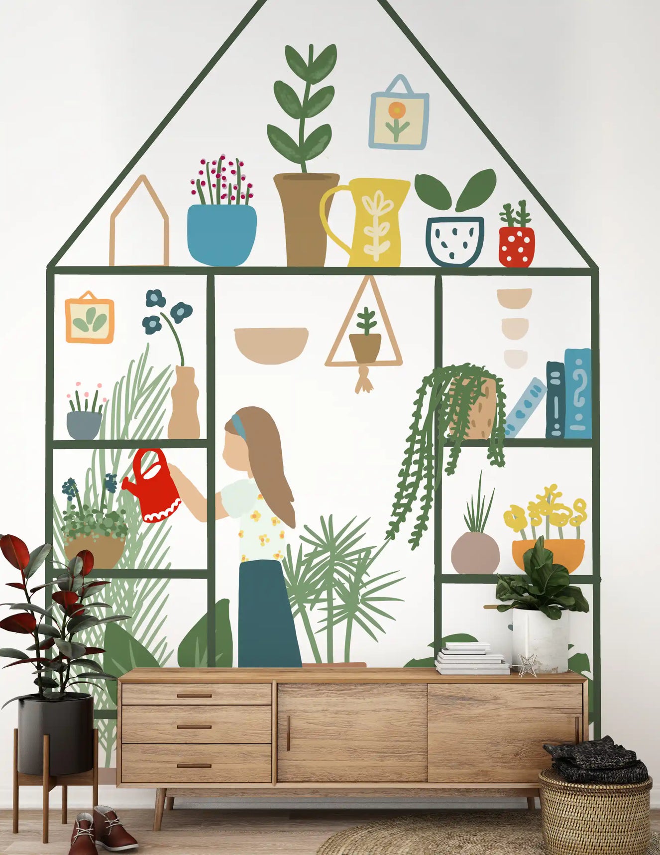 Hallway wall finished with indoor garden mural in muted green and terracotta tone.