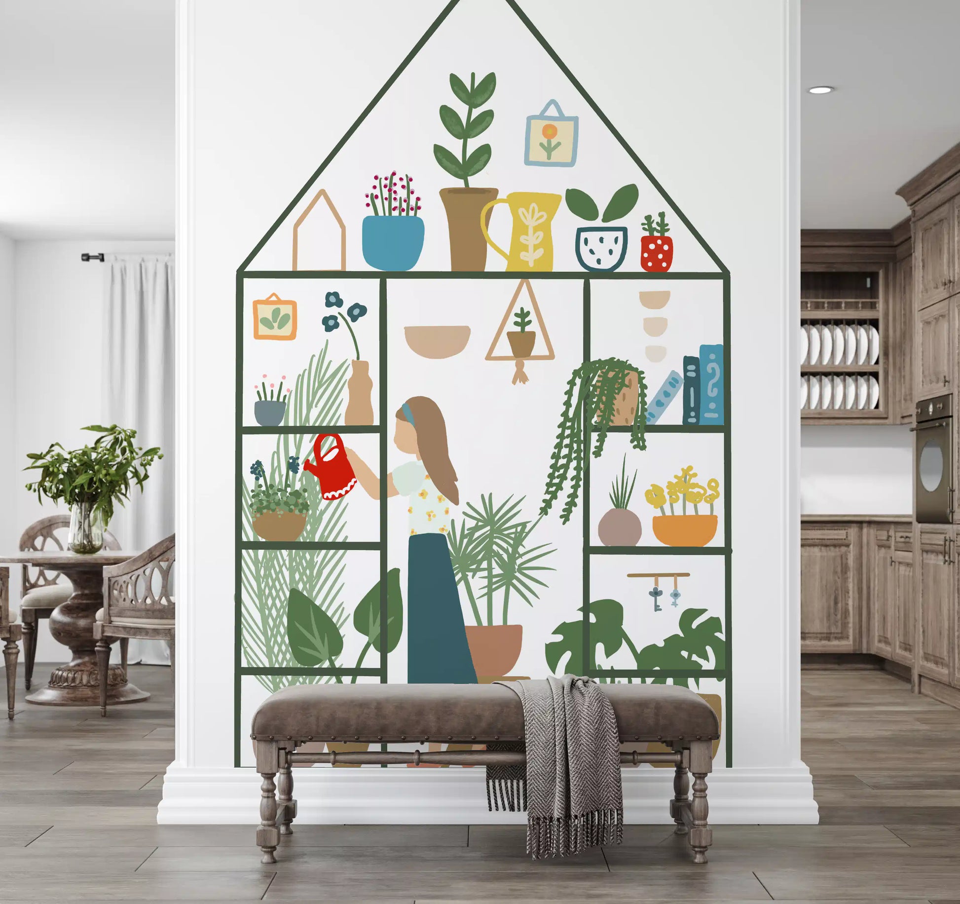 Indoor garden wall mural with a girl watering potted plants inside a green house-shaped greenhouse frame