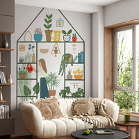 Indoor garden wall mural design with terracotta pots, mustard yellow vases, and green leafy plants.