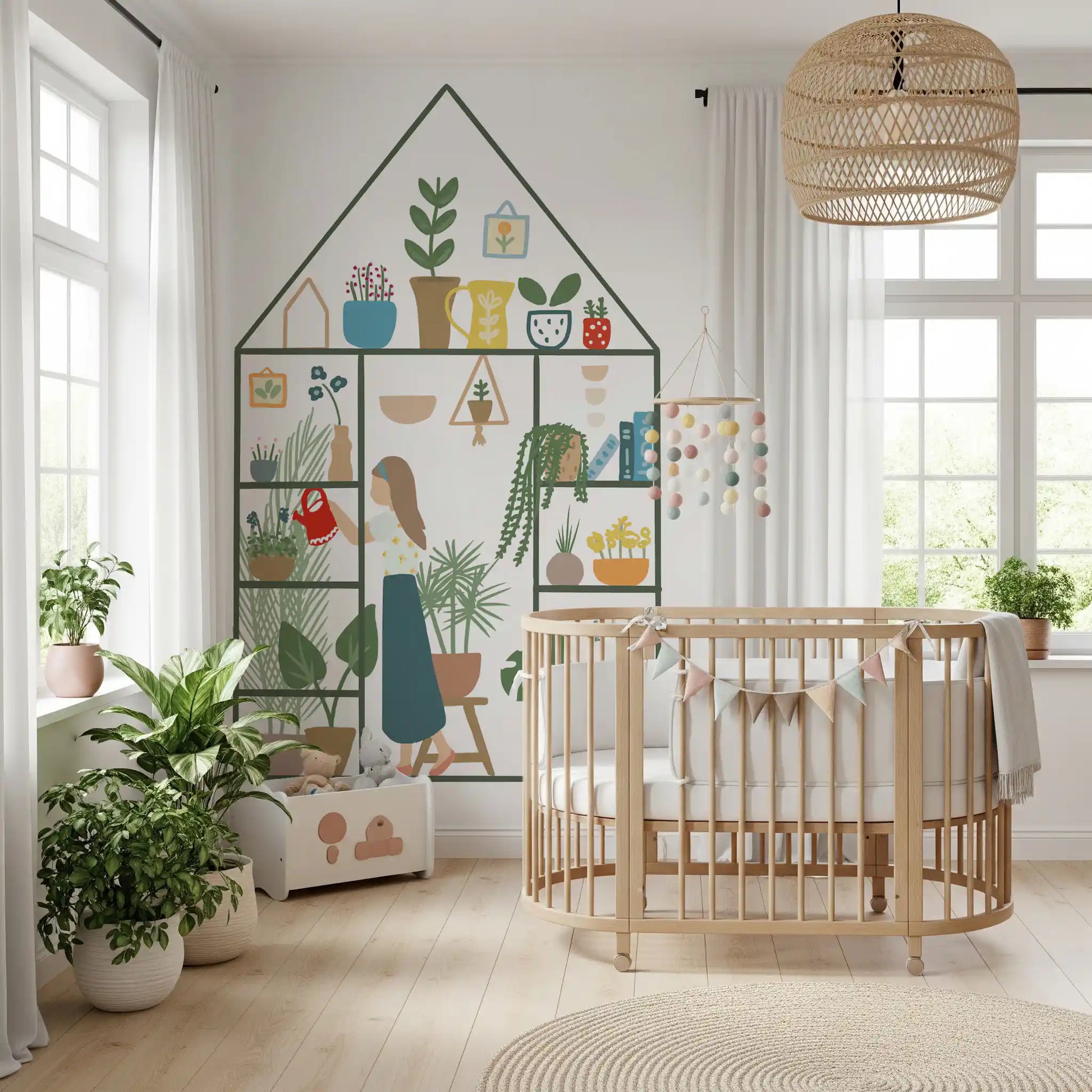 Nusery wall styled with vertical indoor garden greenhouse mural. 
