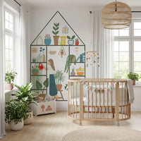 Nusery wall styled with vertical indoor garden greenhouse mural. 