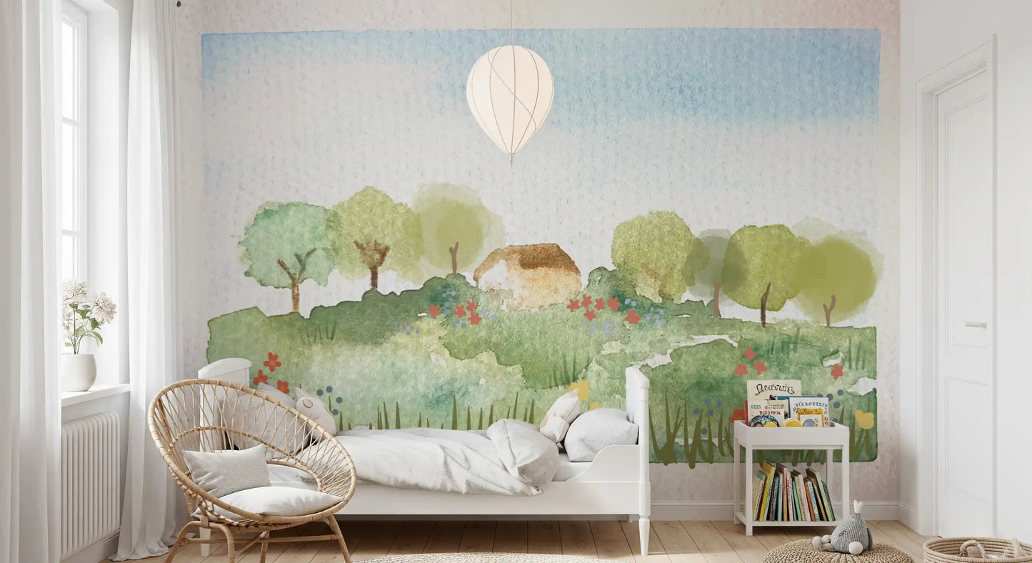 Watercolor scenic mural with a country cottage between sage and olive trees.