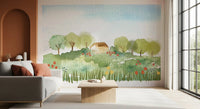 watercolor country home wall mural with leafy trees and a cottage scene.