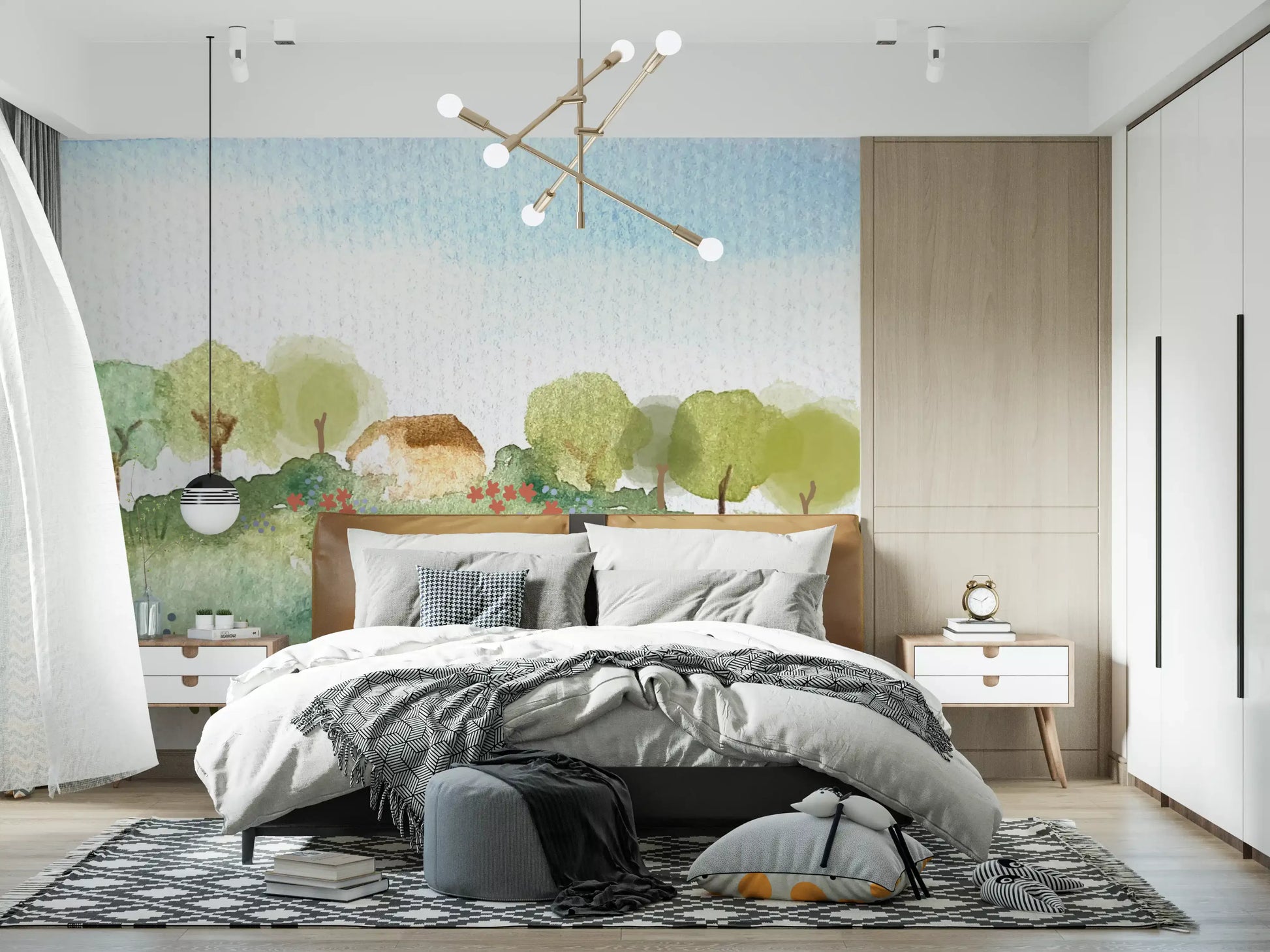 Watercolor wall art mural with country home, green trees, and wildflower meadow.