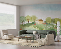 Painted countryside mural with red poppies, yellow tulips and bluebell clusters in living room.
