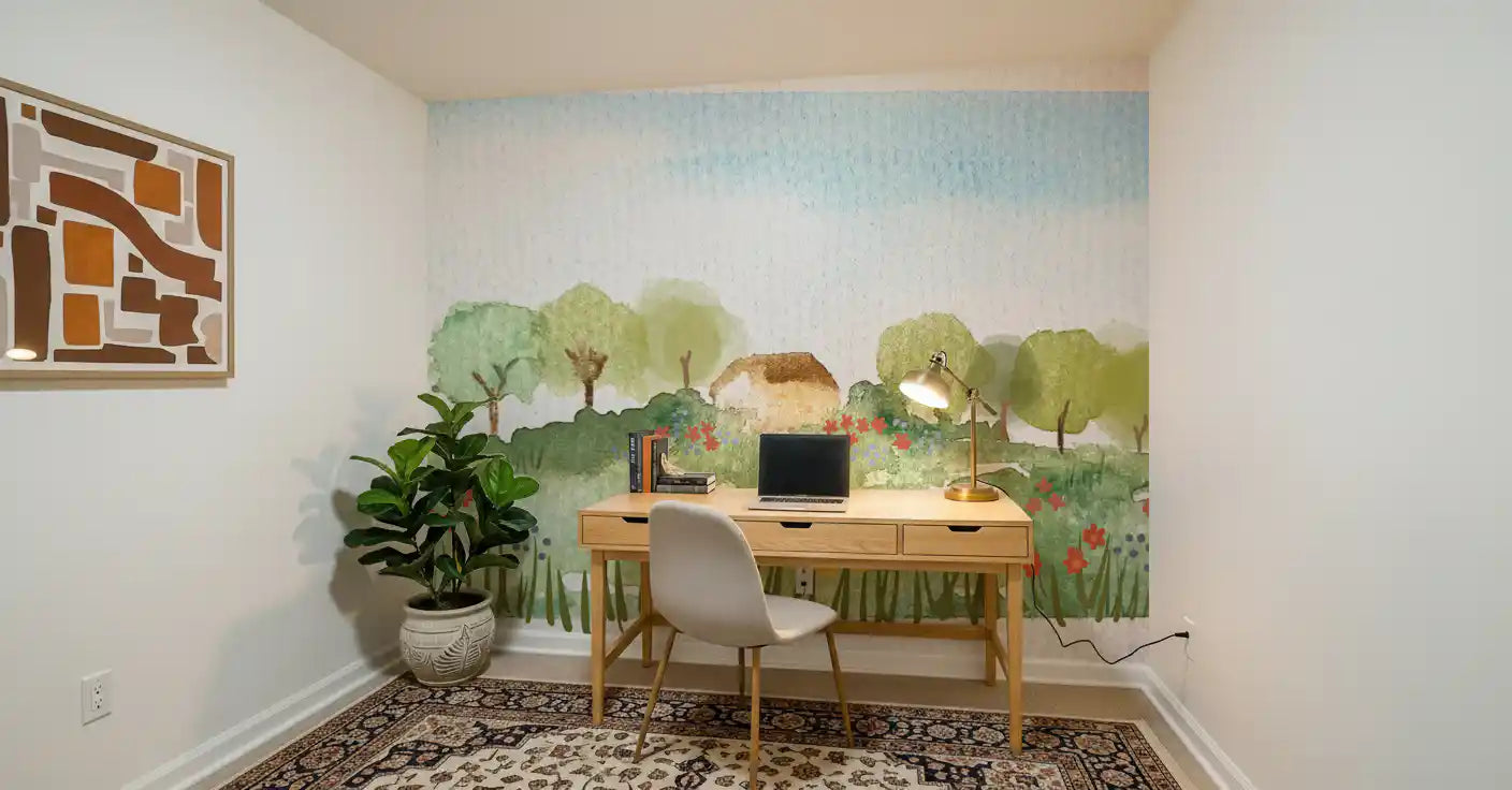 Soft sage and olive tree mural with a cottage and meadow foreground in study room.