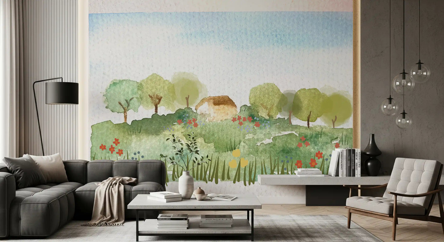 Painted meadow wall mural with wildflowers, tall grass, and a small cottage.