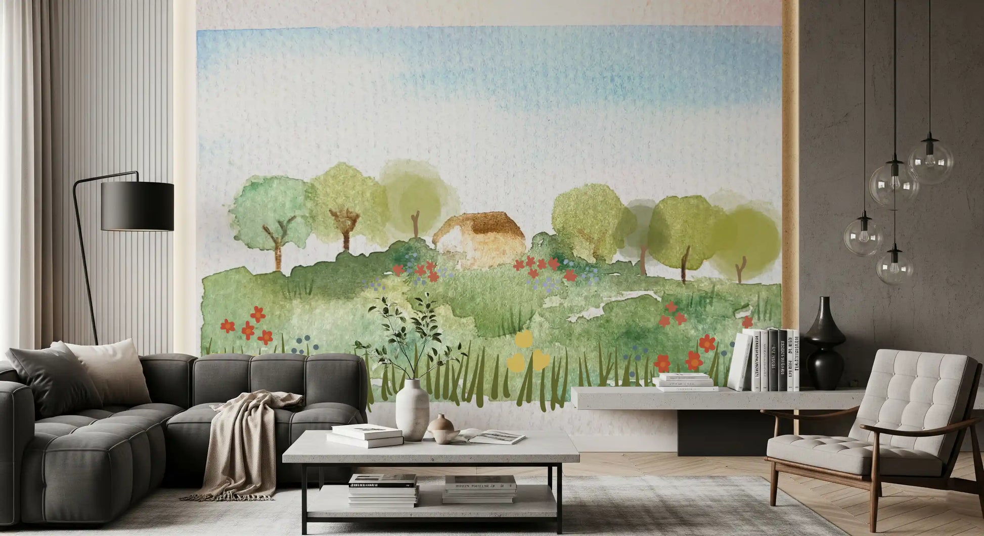 Painted meadow wall mural with wildflowers, tall grass, and a small cottage.