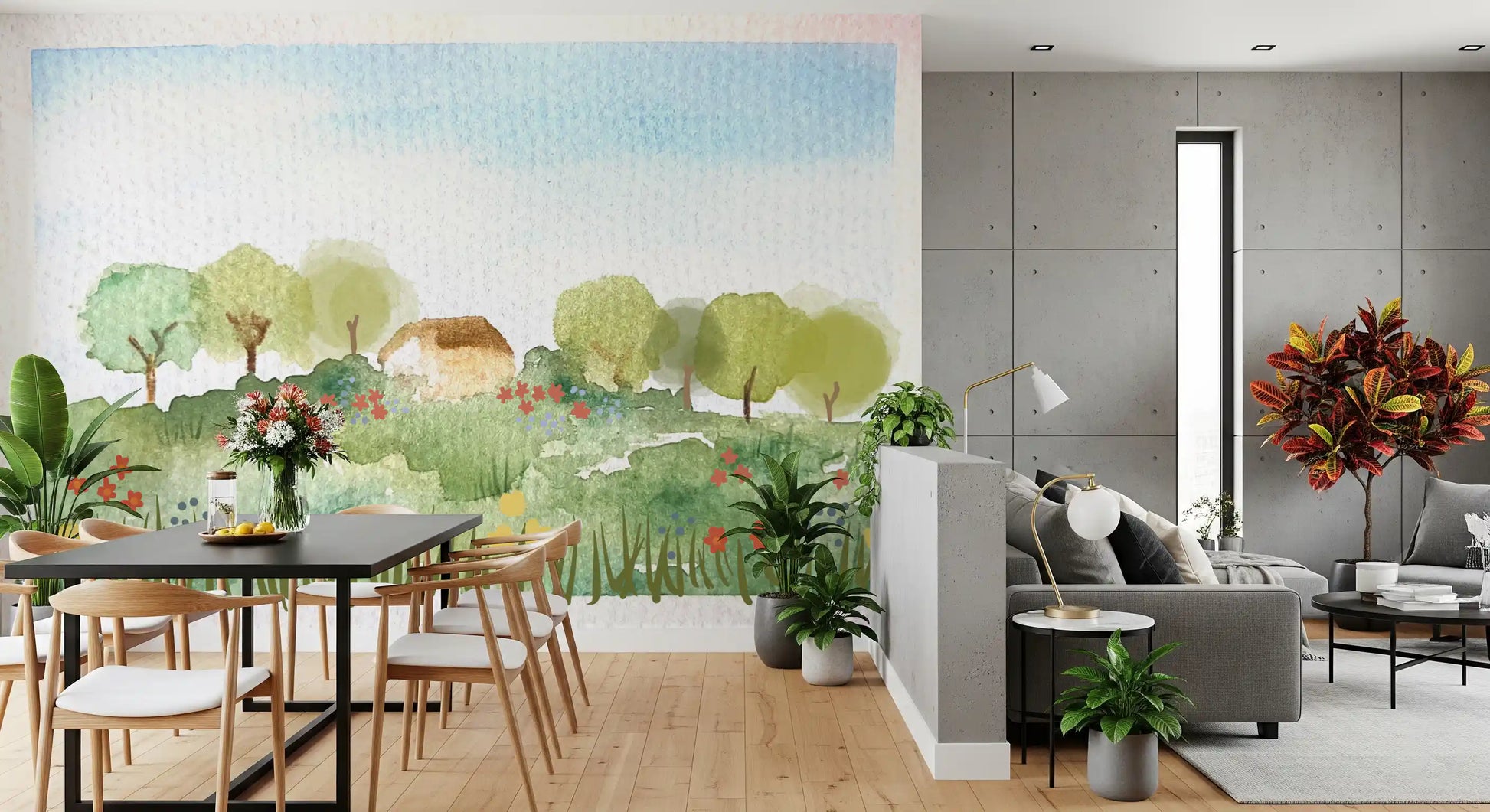 Soft watercolor landscape mural showing coral and yellow blooms in green grass in dining area.