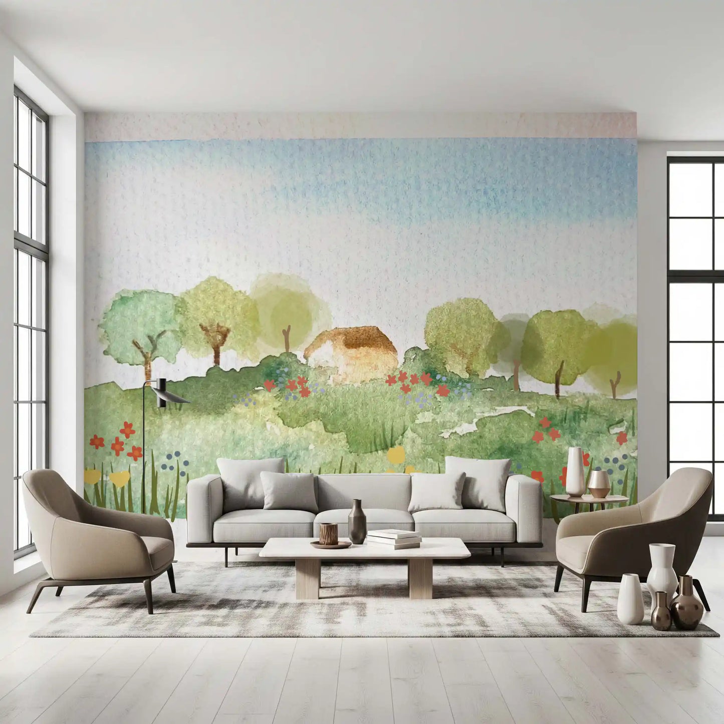 Living room feature wall with a watercolor country home and meadow mural.