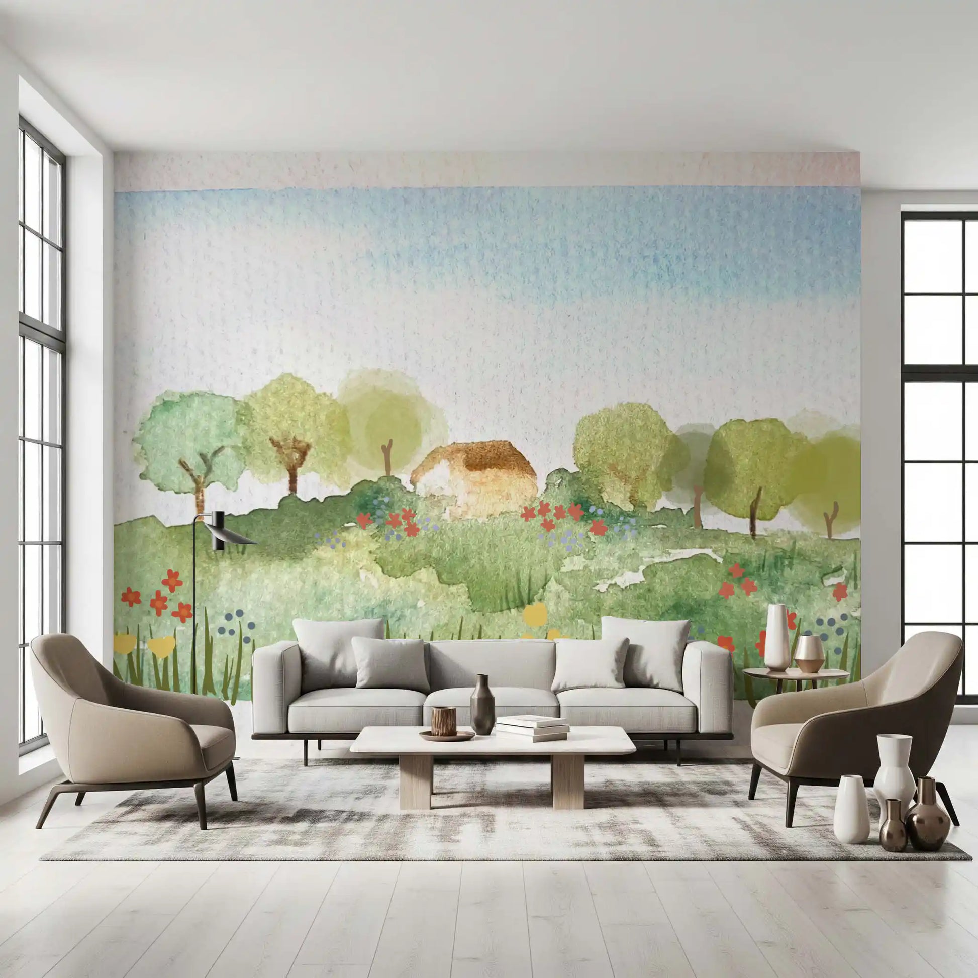 Living room feature wall with a watercolor country home and meadow mural.