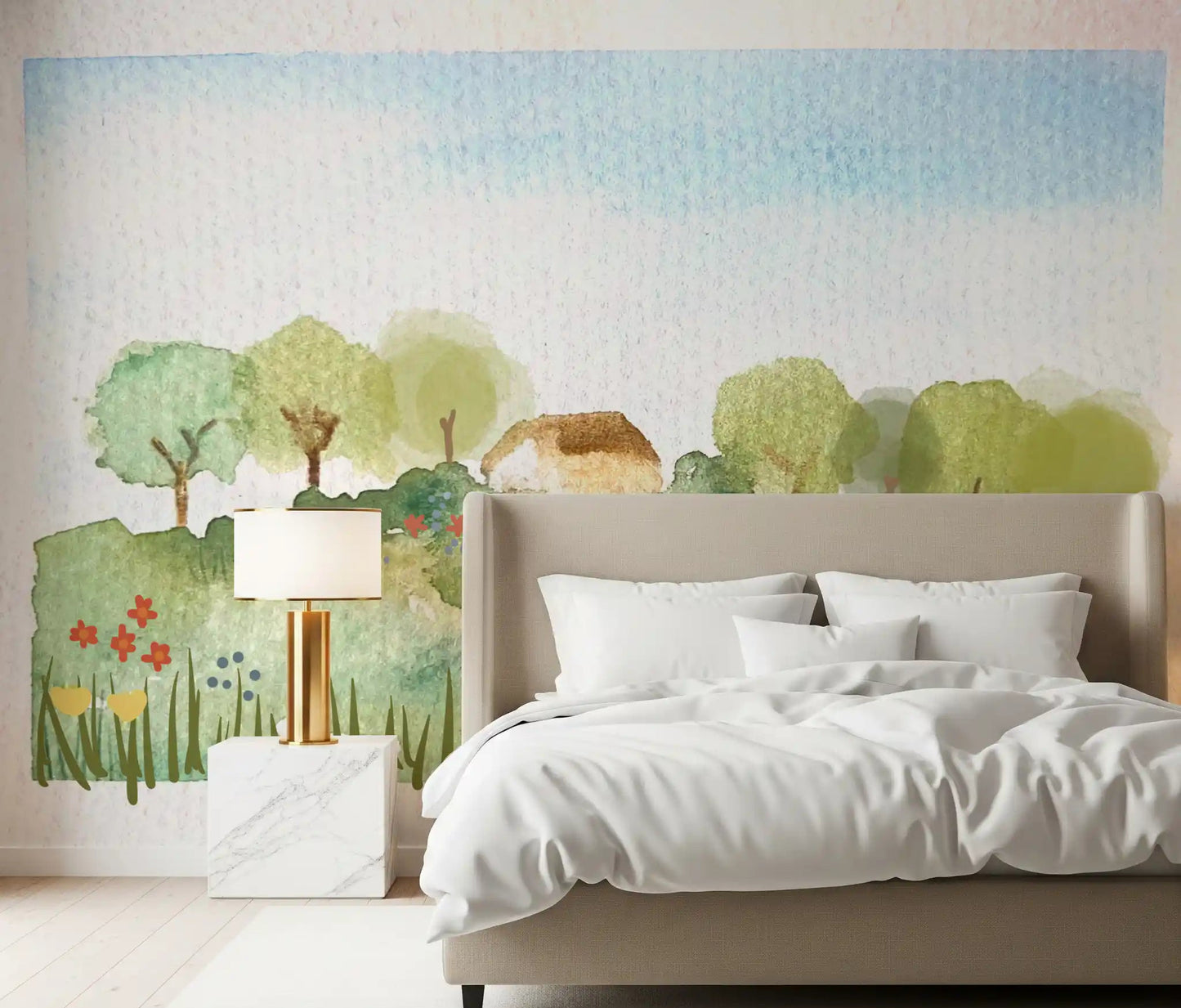 Bedroom accent wall mural showing a painted cottage, trees, and wildflowers.