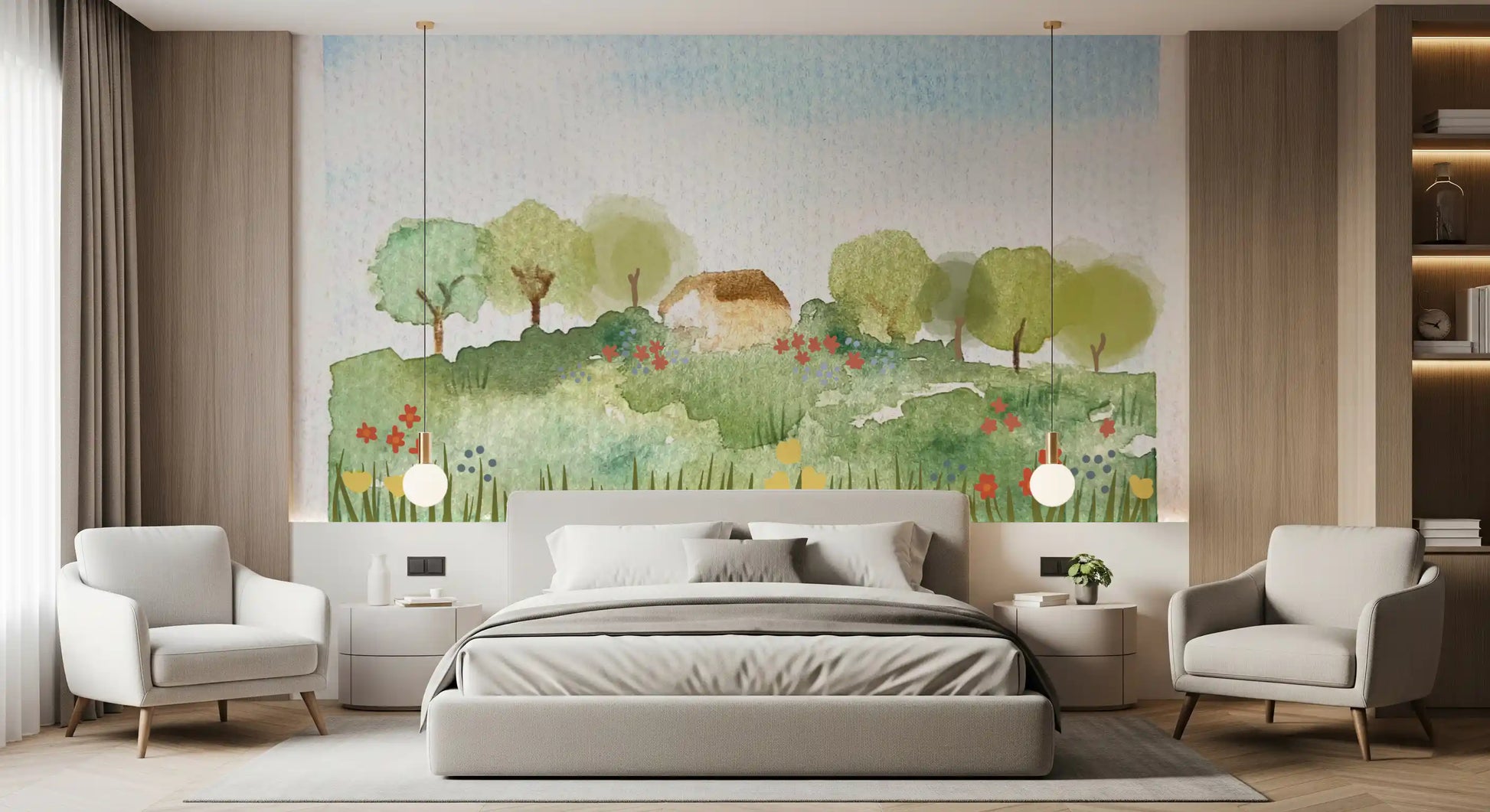 Watercolor mural with blue sky, leafy trees, and a small thatched country home.