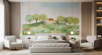 Watercolor mural with blue sky, leafy trees, and a small thatched country home.