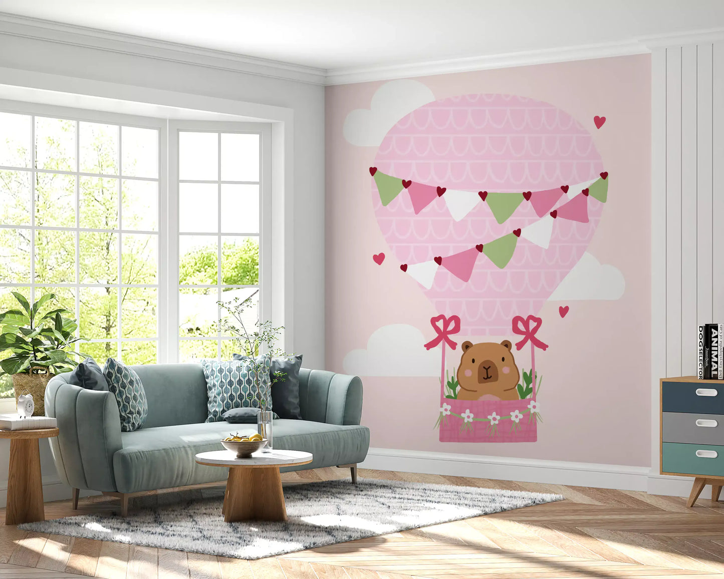 Soft pastel kids wall mural design with bear and balloon scene.