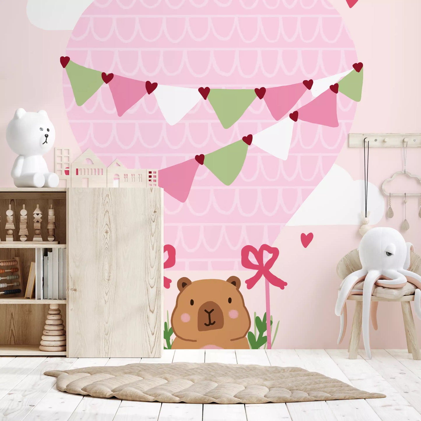 Cartoon bear character in pink basket with white flower trim wall mural.