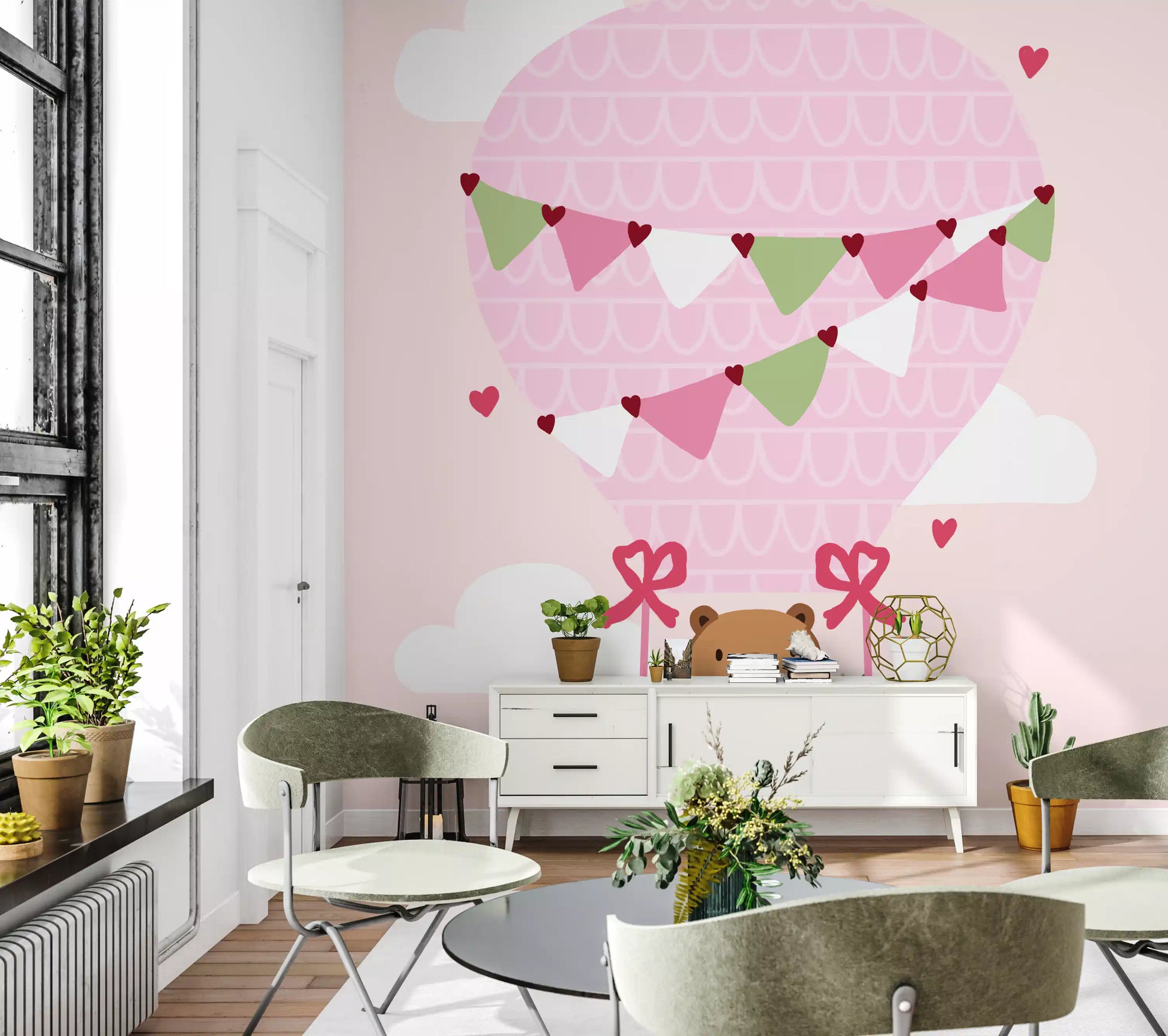 Brown teddy bear seated inside pink woven hot air balloon basket wall mural.