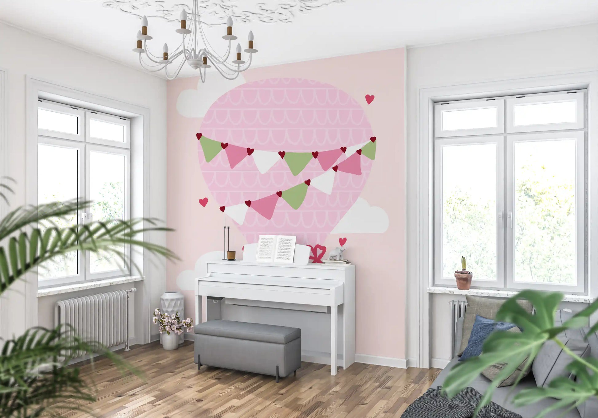 Dreamy pink sky mural with white clouds and tiny heart shapes.