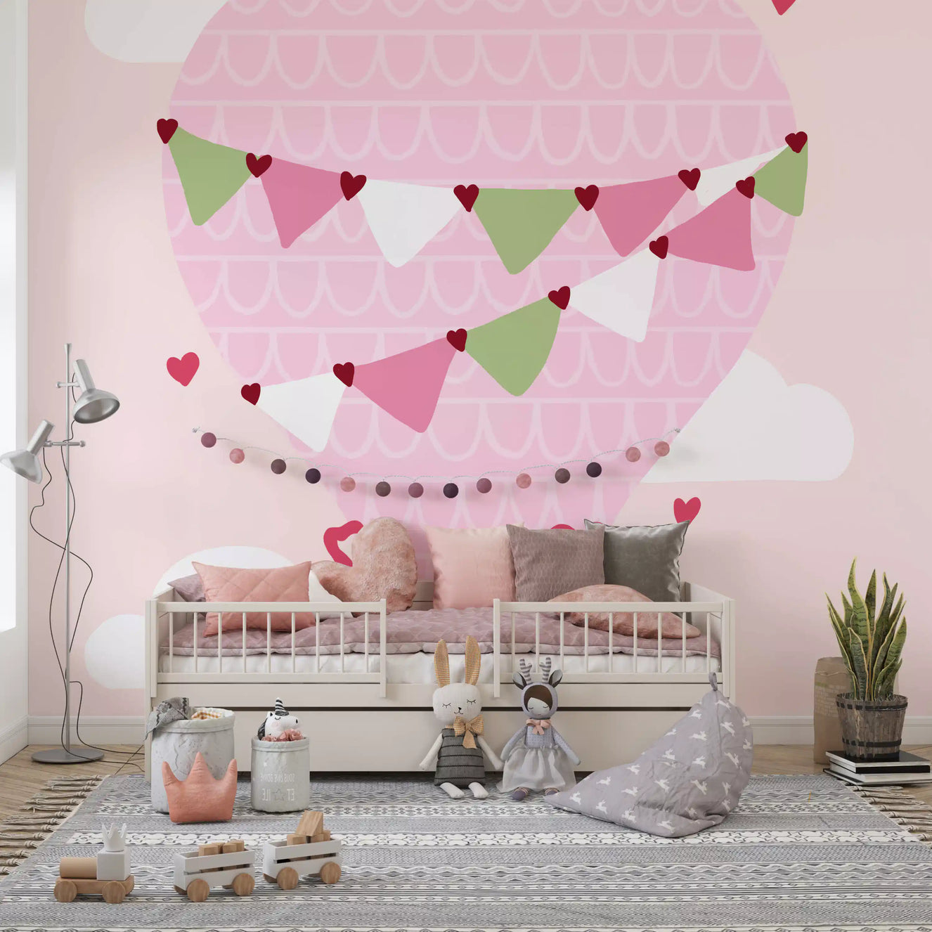 Teddy Bear Dreams Wall Mural in pastel pink tone for nursery setting.