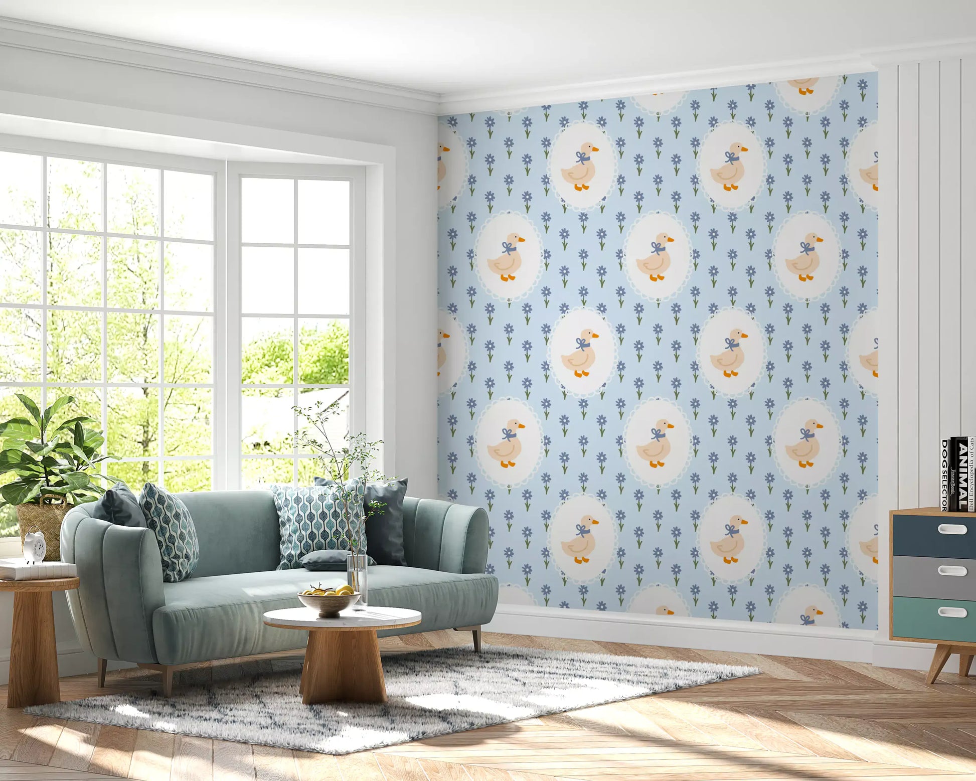 Goose Cottage Floral Wallpaper with cream goose and blue daisies on powder blue ground.