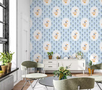 Periwinkle blue daisy wallpaper with green stem on pale blue background pattern
