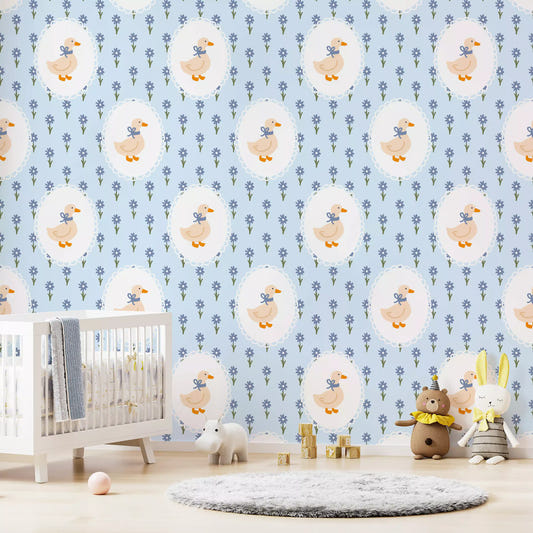 Children's room wall featuring the Goose Cottage Floral pattern wallpaper.