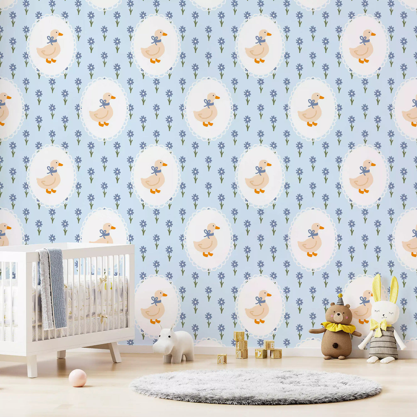 Children's room wall featuring the Goose Cottage Floral pattern wallpaper.