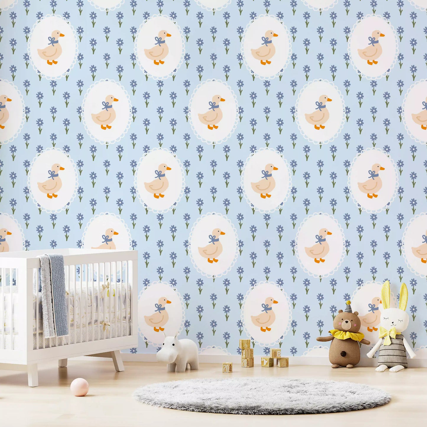 Children's room wall featuring the Goose Cottage Floral pattern wallpaper.