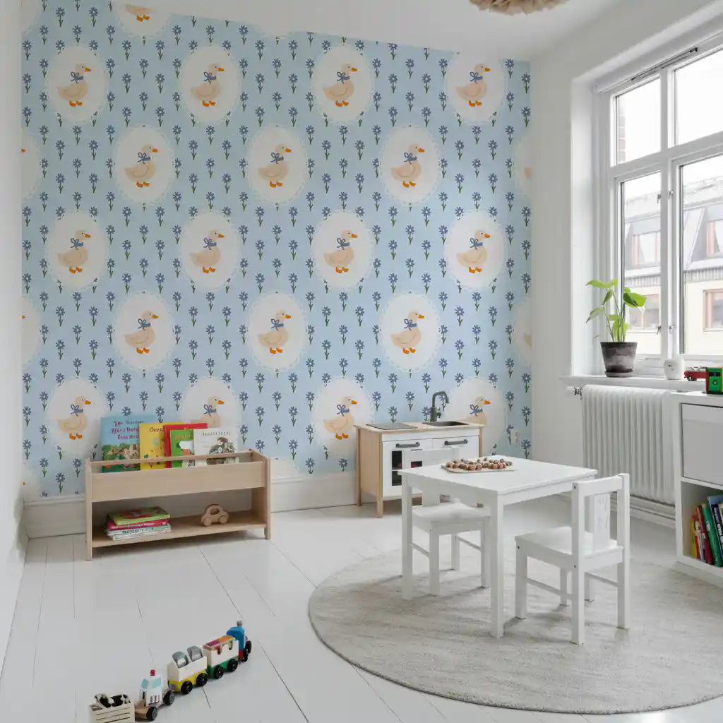 Powder blue floral wallpaper with scalloped oval frames and small blue flowers.