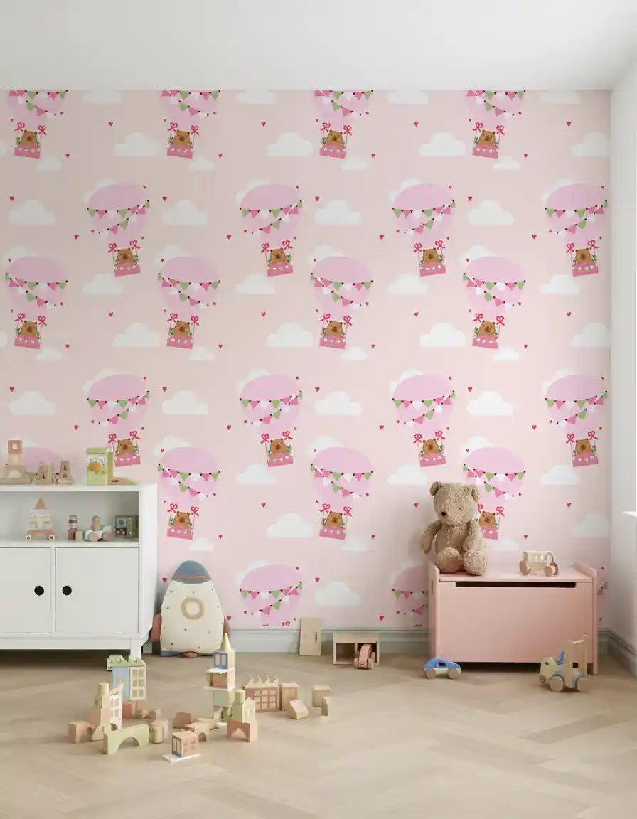 Kids room wallpaper showing bears floating in patterned hot air balloons.