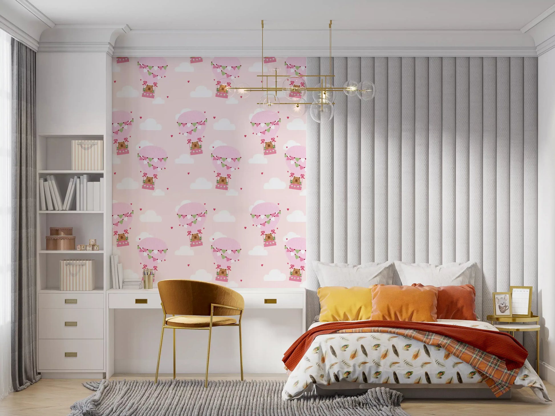 Kids bedroom wallpaper with cartoon bears in pink hot air balloons and hearts.