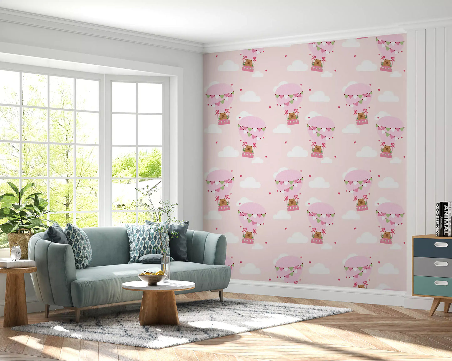 Pink balloon pattern wallpaper featuring brown bears and bunting flags design.