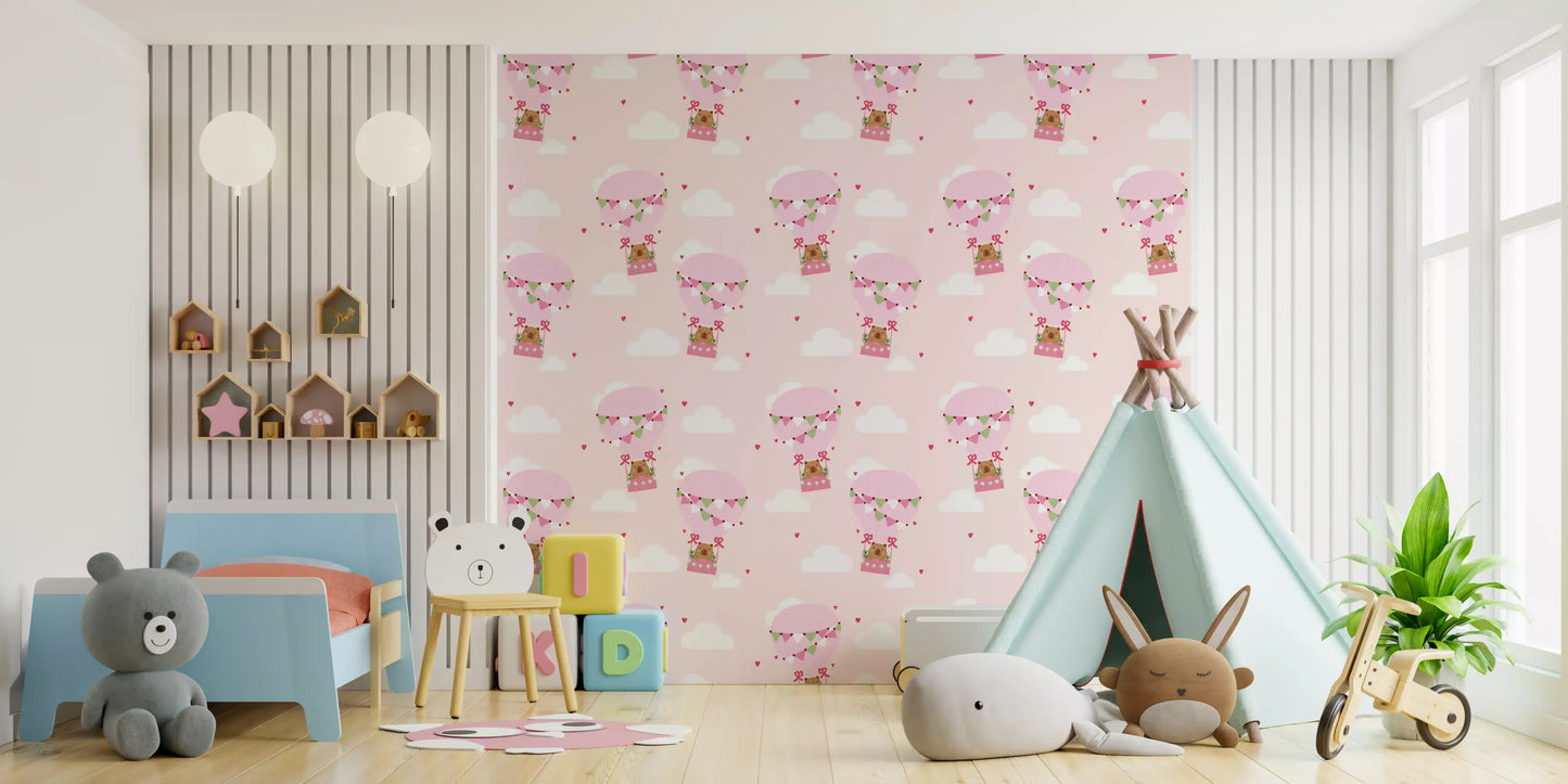 Cartoon bear hot air balloon wallpaper with clouds and hearts on pink.