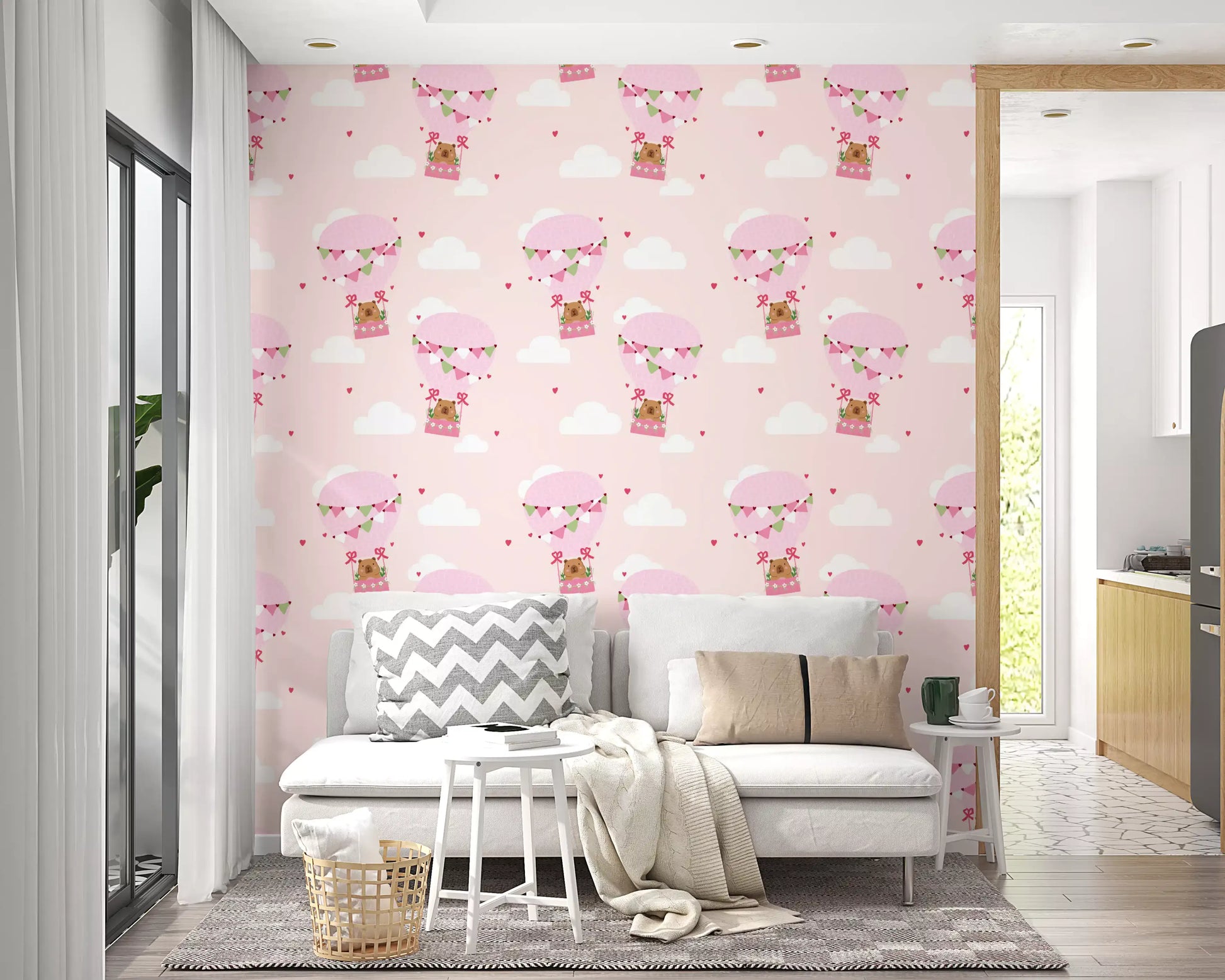 Pink and green bear balloon pattern wallpaper with white fluffy clouds.
