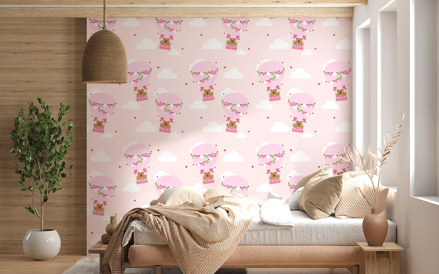 Sweet Bear Balloon Ride Wallpaper with pink hot air balloons and friendly bears.