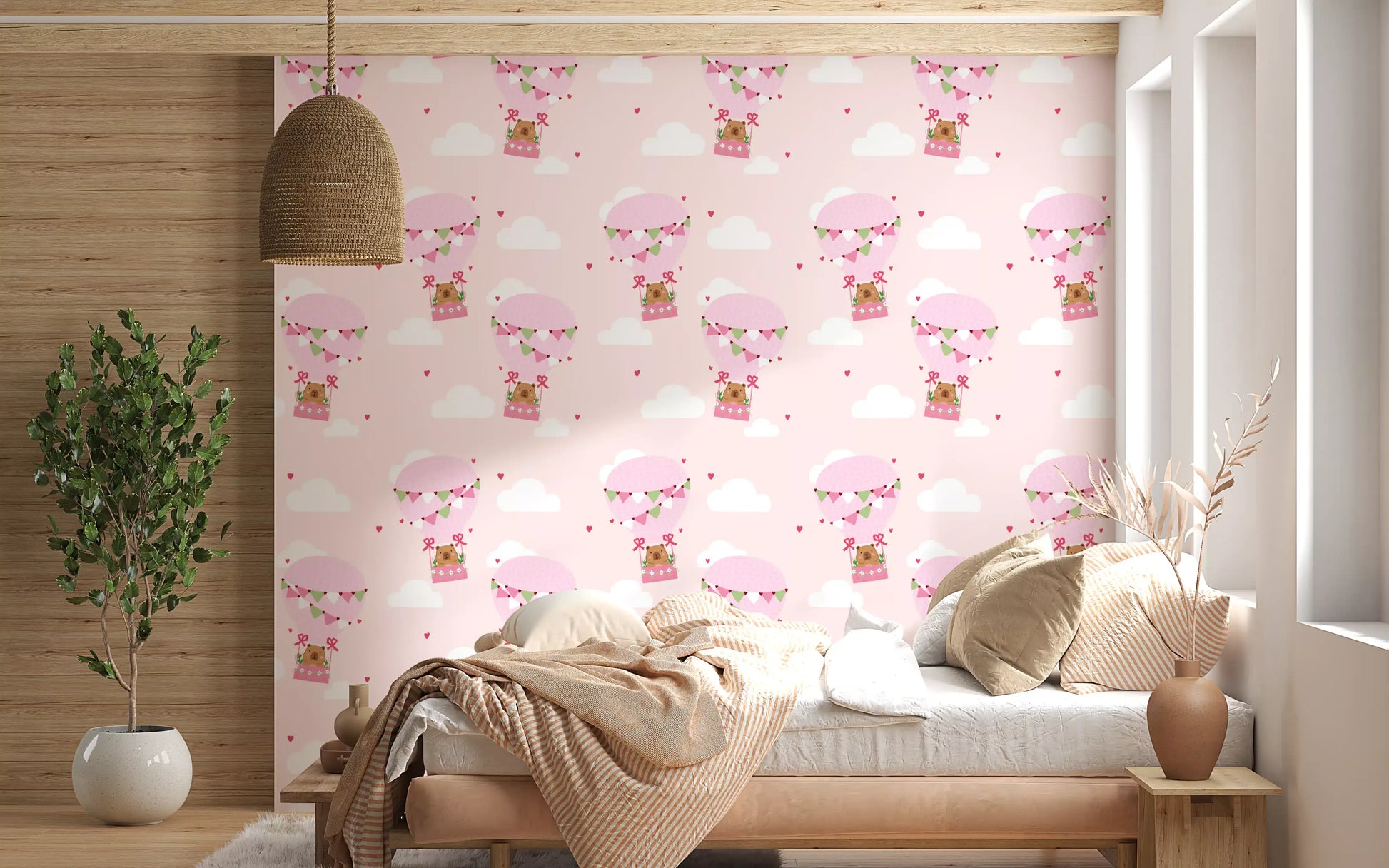 Sweet Bear Balloon Ride Wallpaper with pink hot air balloons and friendly bears.