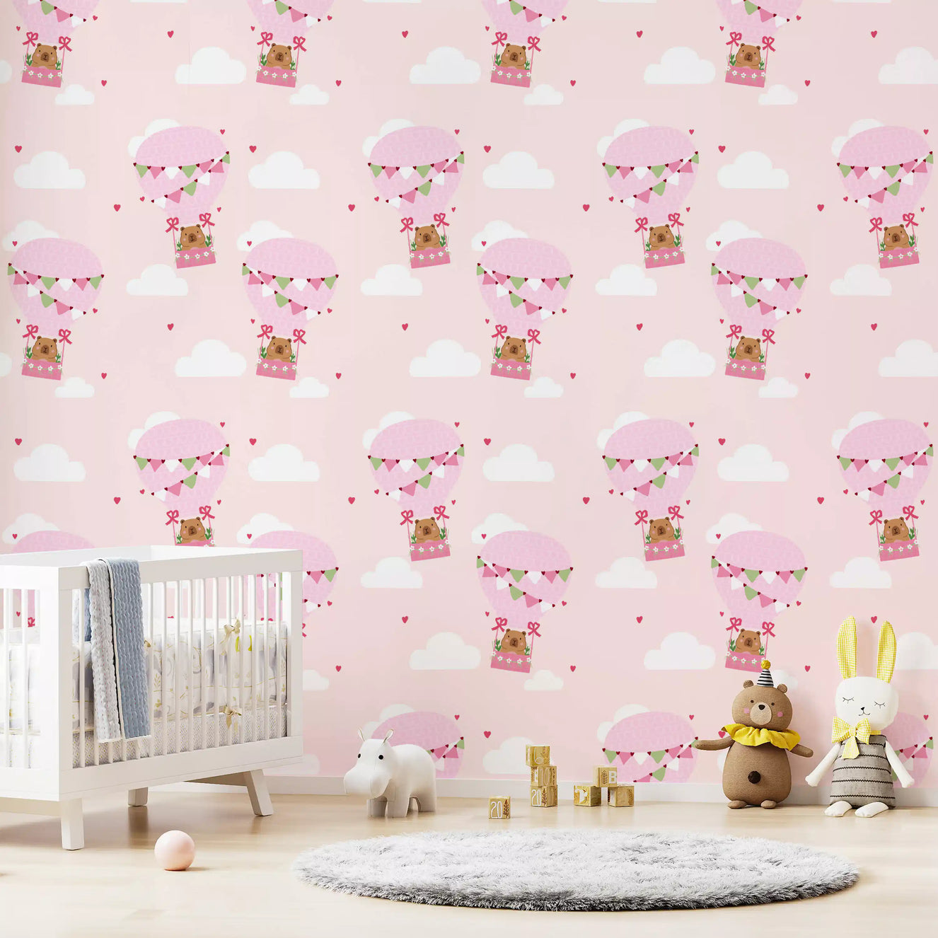 Toddler room wallpaper featuring sweet bears bunting balloons and clouds.
