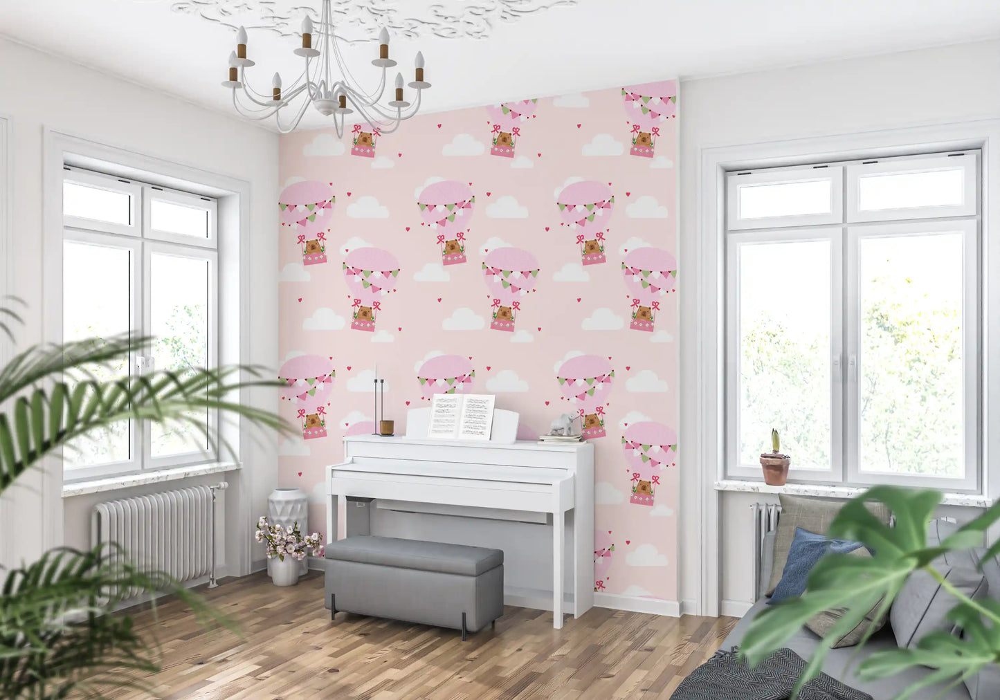 Whimsical bear balloon wallpaper design with scalloped pink balloon detailing.