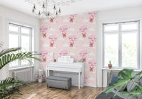 Whimsical bear balloon wallpaper design with scalloped pink balloon detailing.