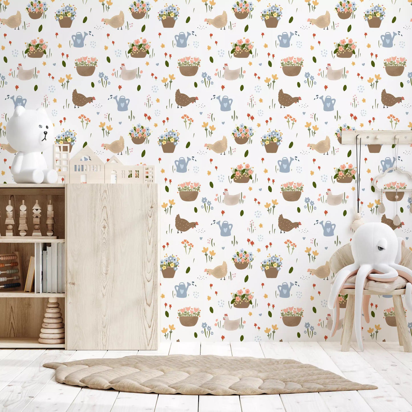Cottage-inspired wallpaper with brown hens, woven baskets, and yellow tulips., GD10059