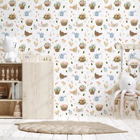 Cottage-inspired wallpaper with brown hens, woven baskets, and yellow tulips., GD10059