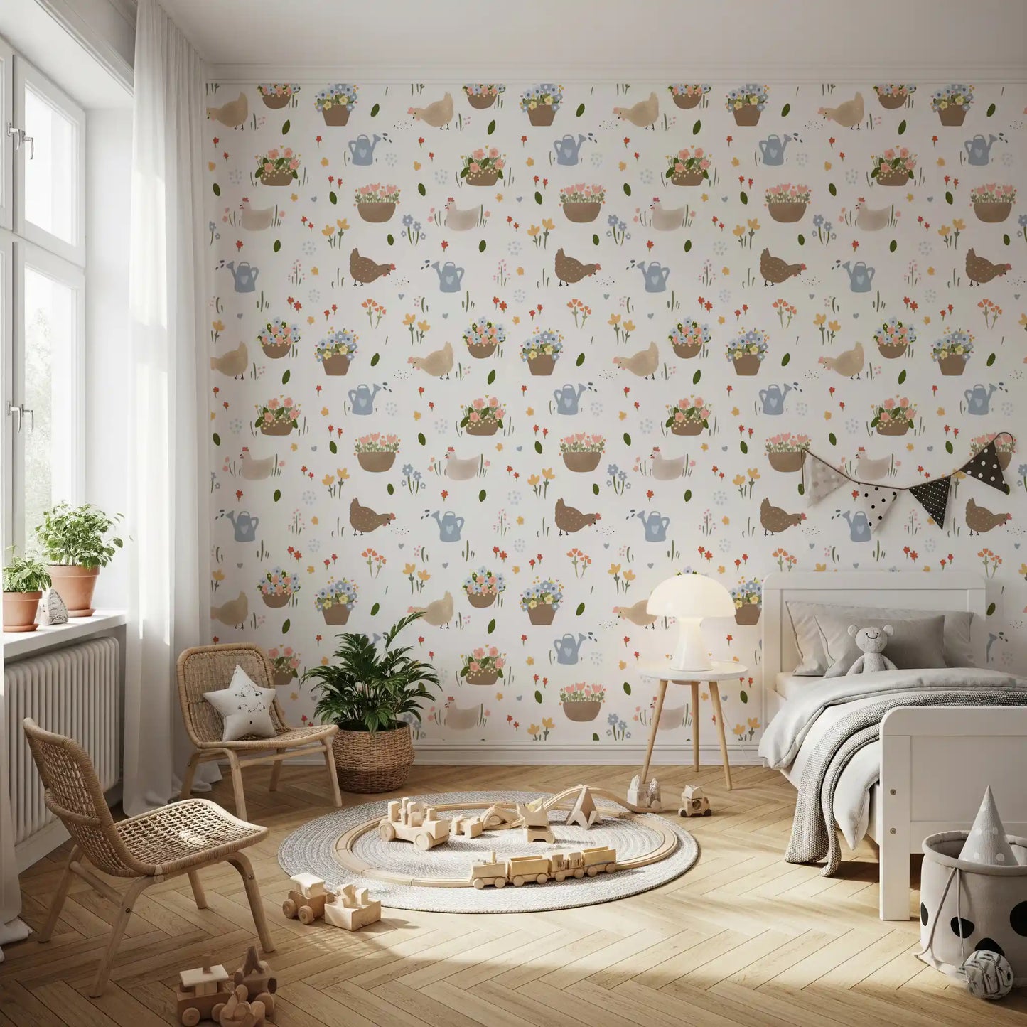 Cottage-style hand-drawn hen wallpaper with sage green leaves and tiny heart accents., GD10059
