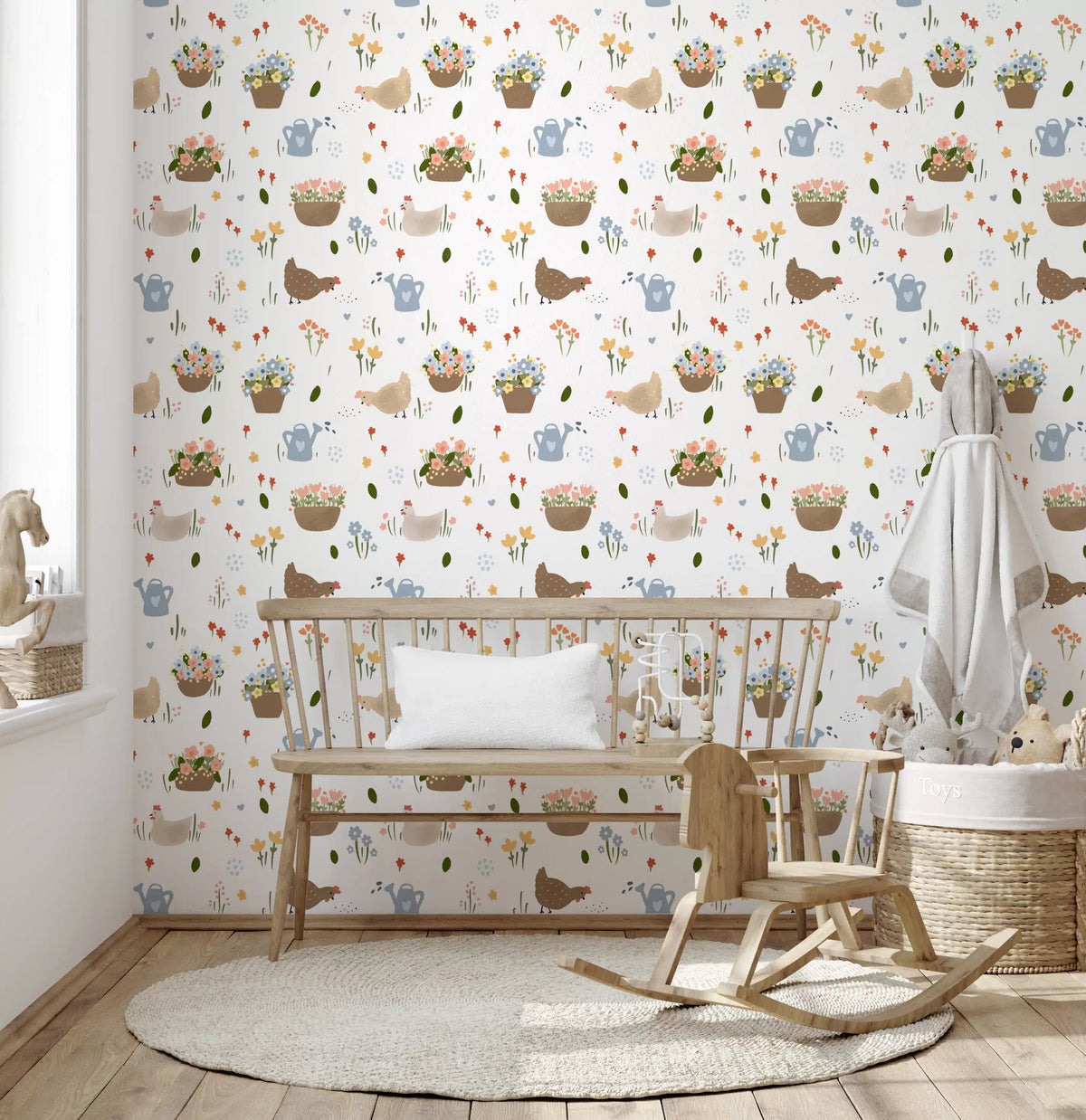 Whimsical hen and flower patch wallpaper with hens and woven flower baskets in nursery., GD10059