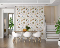 Botanical farmhouse wallpaper with hens, flowering baskets, and gentle pastel accents., GD10059