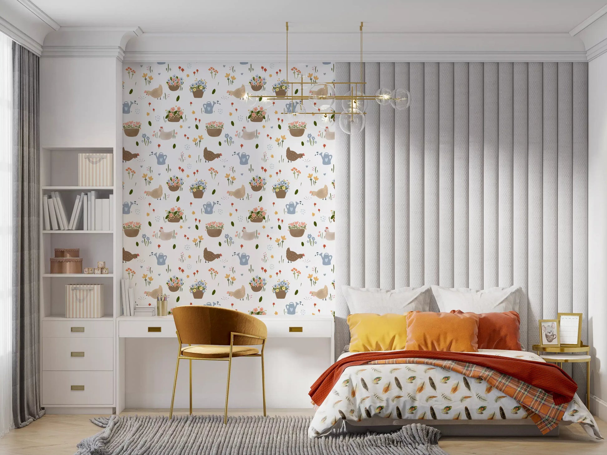 Hen and flower basket repeating pattern wallpaper with tulips and small heart motifs., GD10059