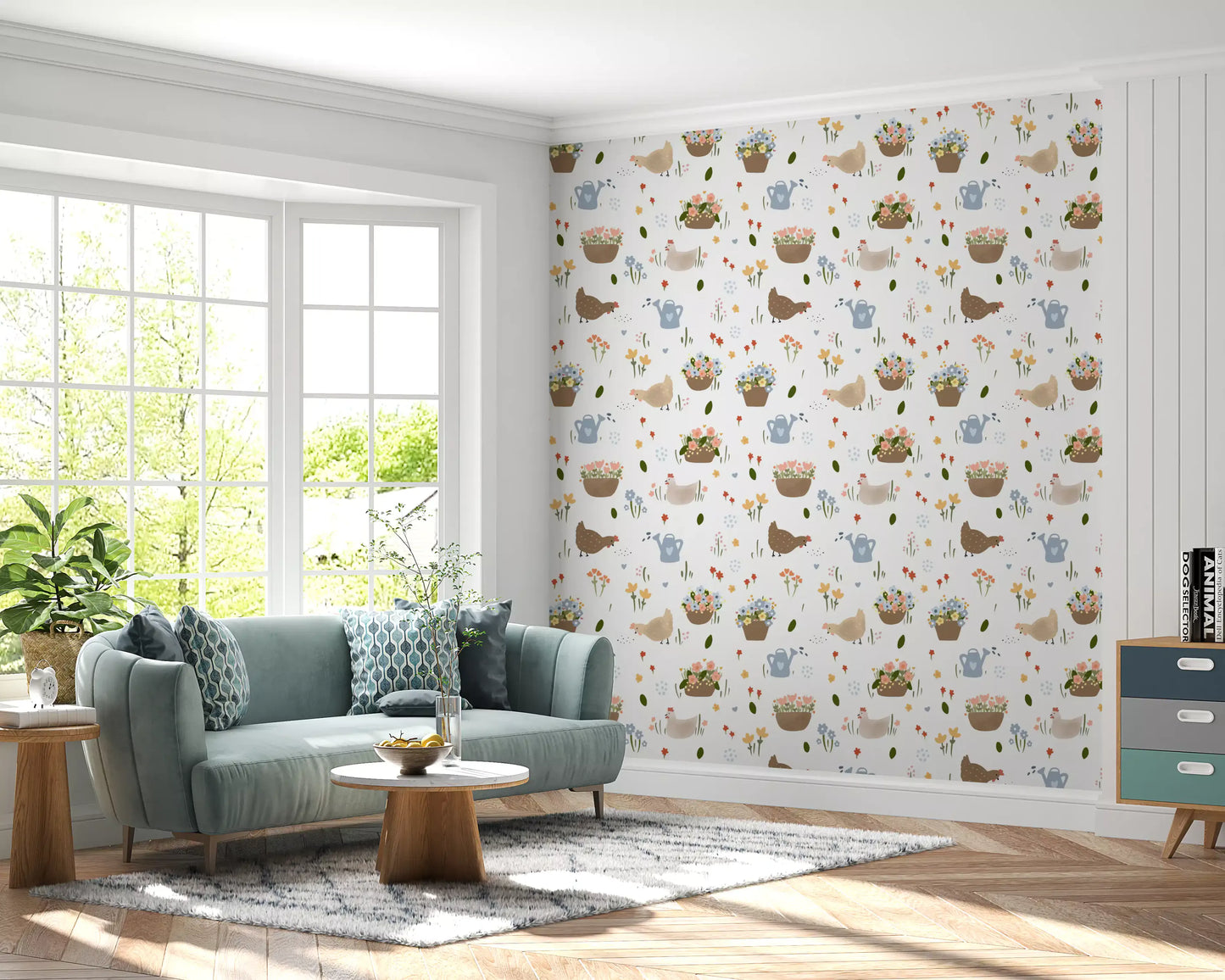 chicken and floral wallpaper with pastel watering cans and scattered blooms in living room., GD10059