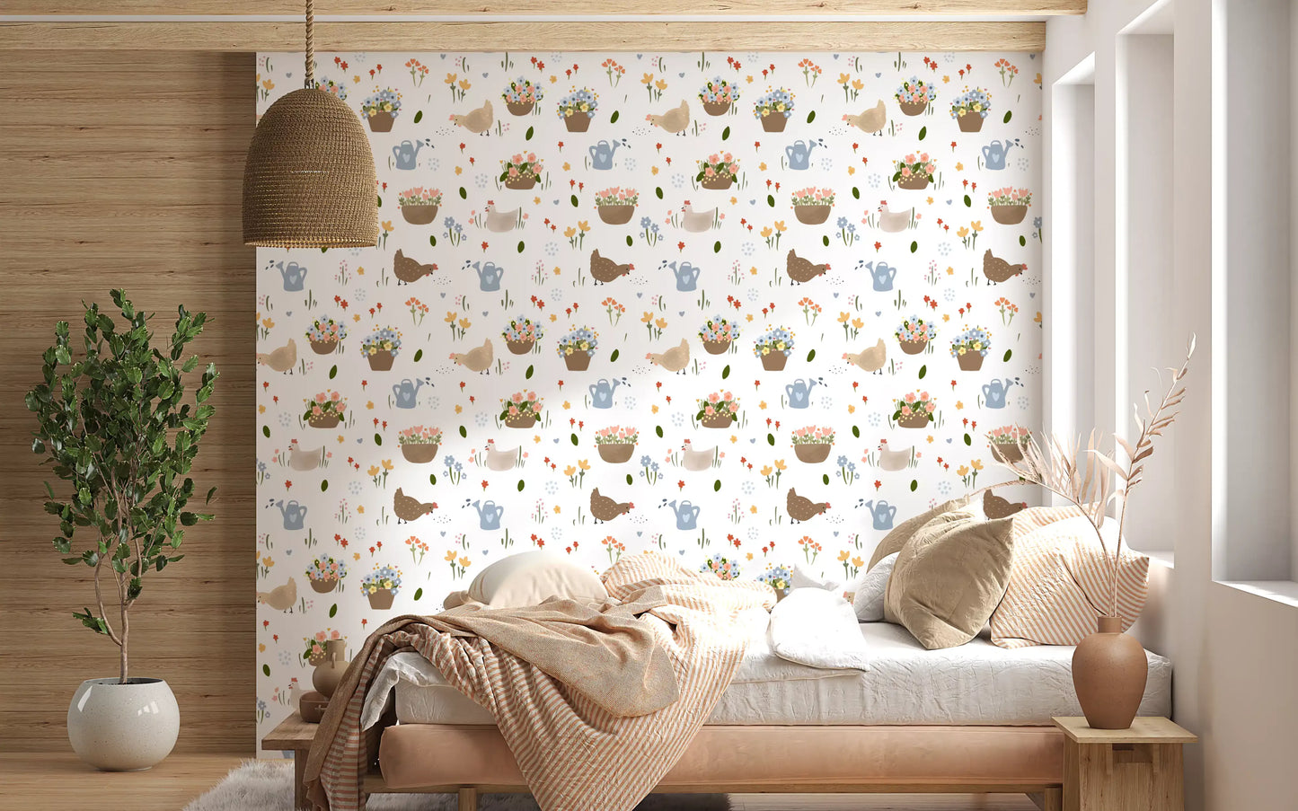 Whimsical hen and flower patch wallpaper for a bedroom wall with cream and soft colour palette, GD10059