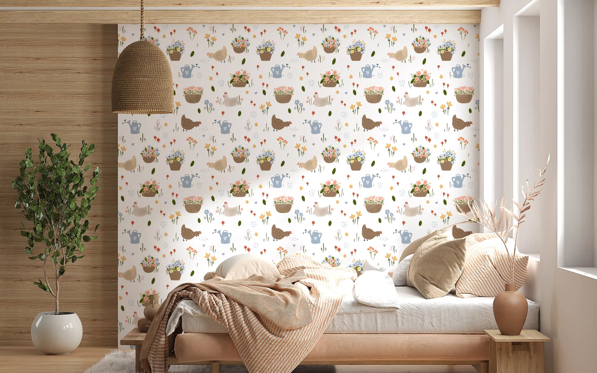 Whimsical hen and flower patch wallpaper for a bedroom wall with cream and soft colour palette, GD10059
