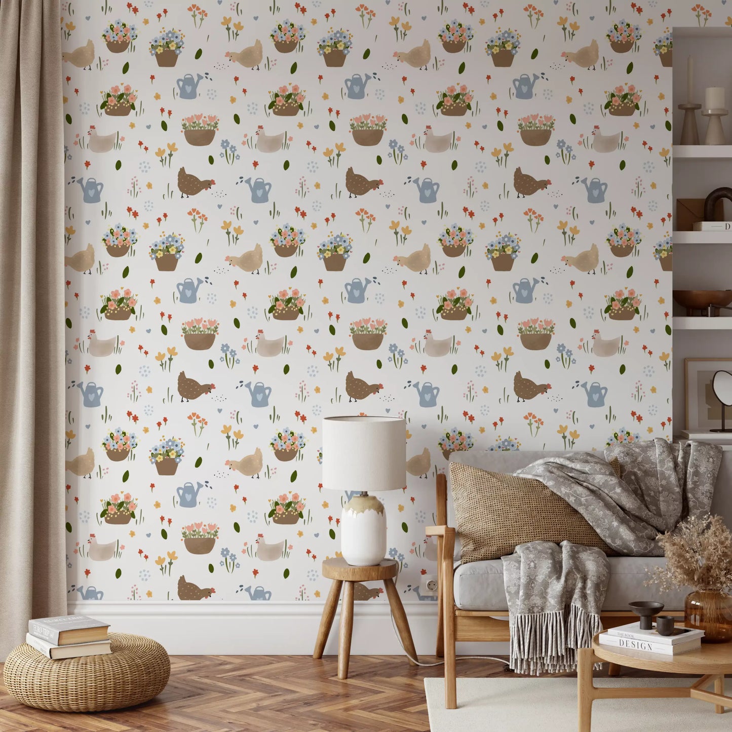 Floral basket motif wallpaper with pink, blue, and yellow blossoms in hallway., GD10059
